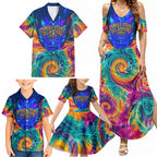 Torres Strait Islanders Sea Turtle Family Matching Summer Maxi Dress and Hawaiian Shirt Indigenous Tribal Peace Art Cultural Headdress Motif