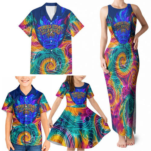 Torres Strait Islanders Sea Turtle Family Matching Tank Maxi Dress and Hawaiian Shirt Indigenous Tribal Peace Art Cultural Headdress Motif
