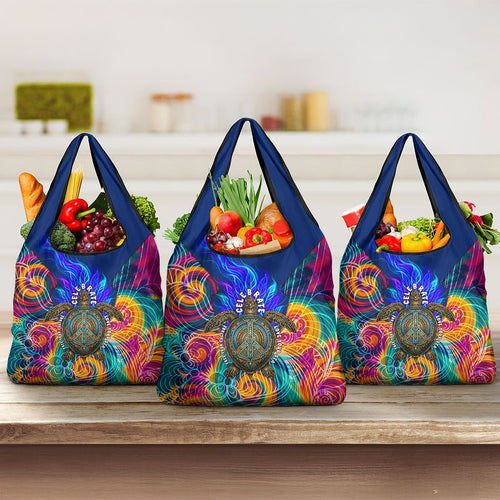 Torres Strait Islanders Sea Turtle Grocery Bag Indigenous Tribal Peace Art Cultural Headdress Motif
