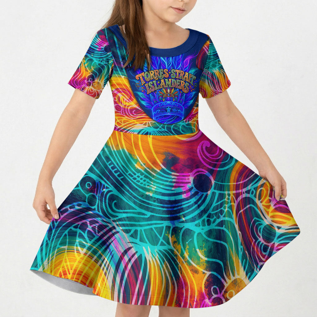 Torres Strait Islanders Sea Turtle Kid Short Sleeve Dress Indigenous Tribal Peace Art Cultural Headdress Motif