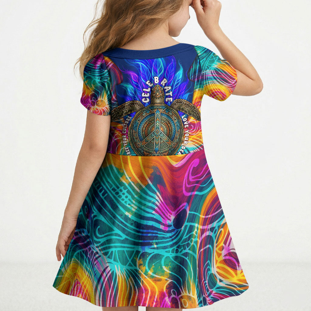 Torres Strait Islanders Sea Turtle Kid Short Sleeve Dress Indigenous Tribal Peace Art Cultural Headdress Motif