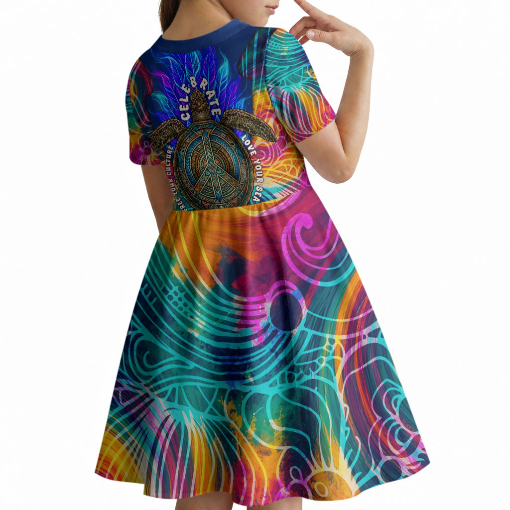 Torres Strait Islanders Sea Turtle Kid Short Sleeve Dress Indigenous Tribal Peace Art Cultural Headdress Motif