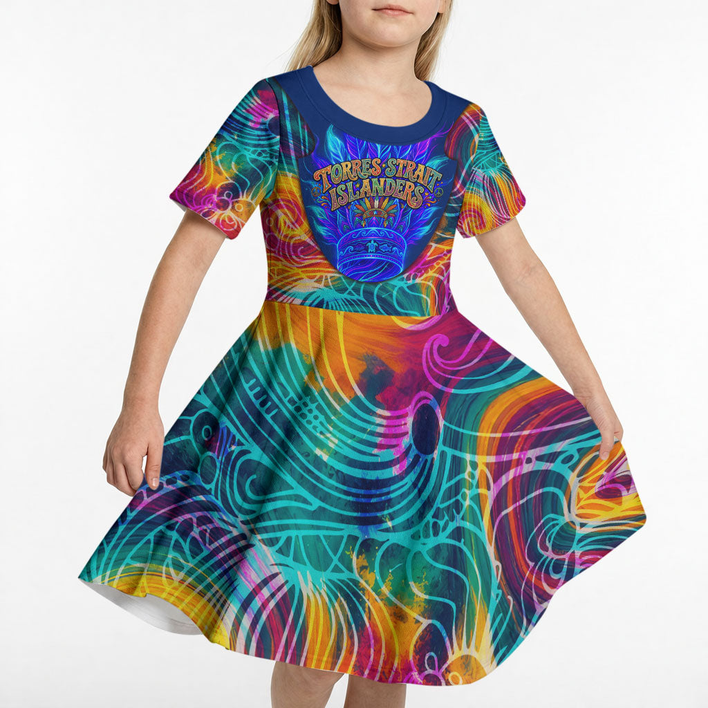 Torres Strait Islanders Sea Turtle Kid Short Sleeve Dress Indigenous Tribal Peace Art Cultural Headdress Motif