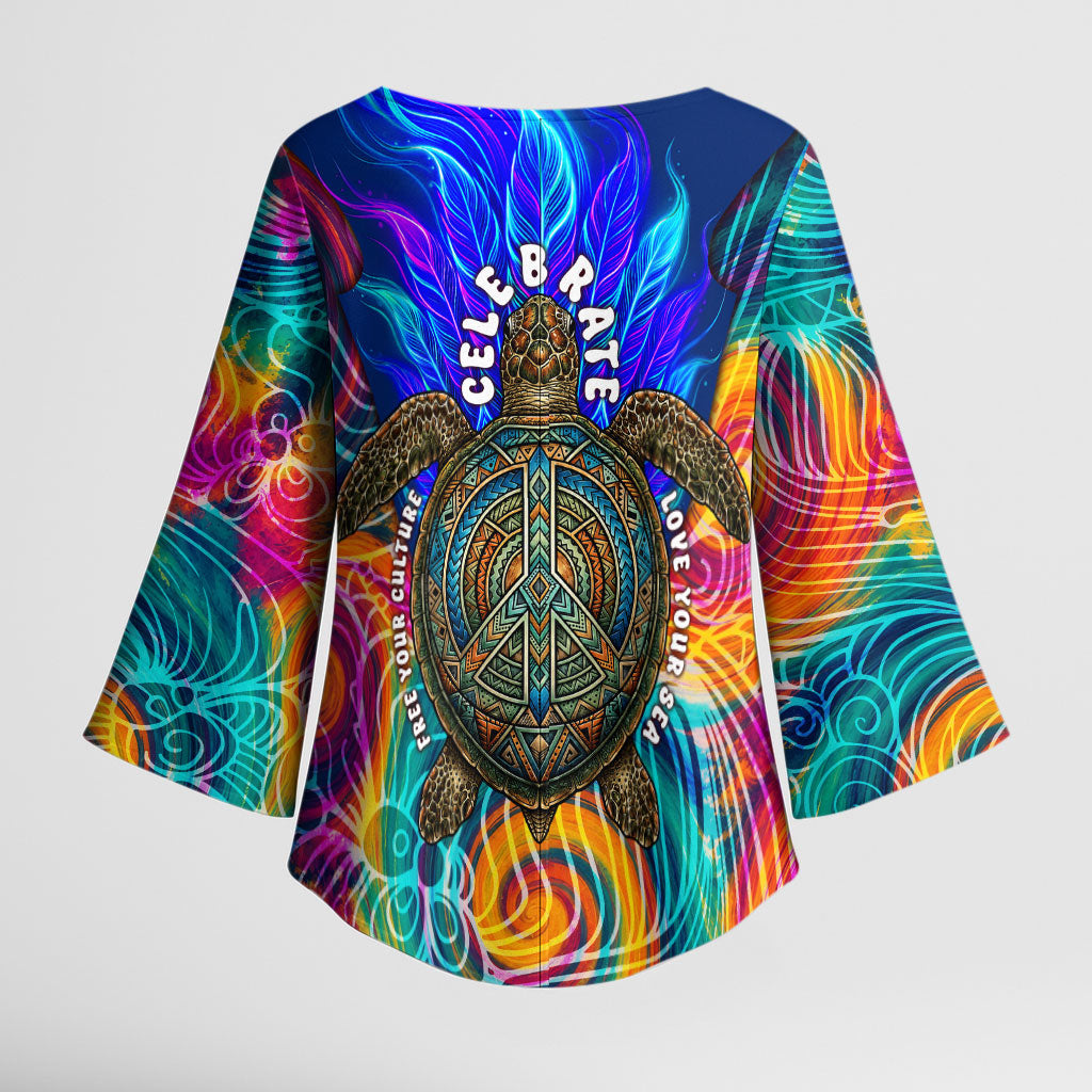 Torres Strait Islanders Sea Turtle Kimono Sleeve Blouse Indigenous Tribal Peace Art Cultural Headdress Motif