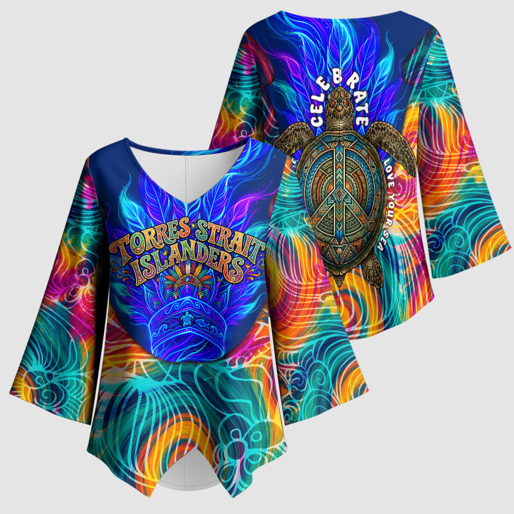 Torres Strait Islanders Sea Turtle Kimono Sleeve Blouse Indigenous Tribal Peace Art Cultural Headdress Motif