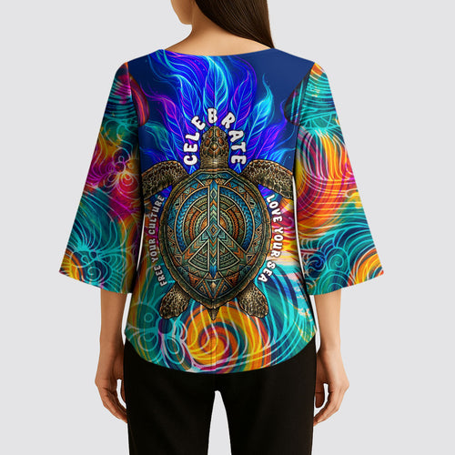 Torres Strait Islanders Sea Turtle Kimono Sleeve Blouse Indigenous Tribal Peace Art Cultural Headdress Motif