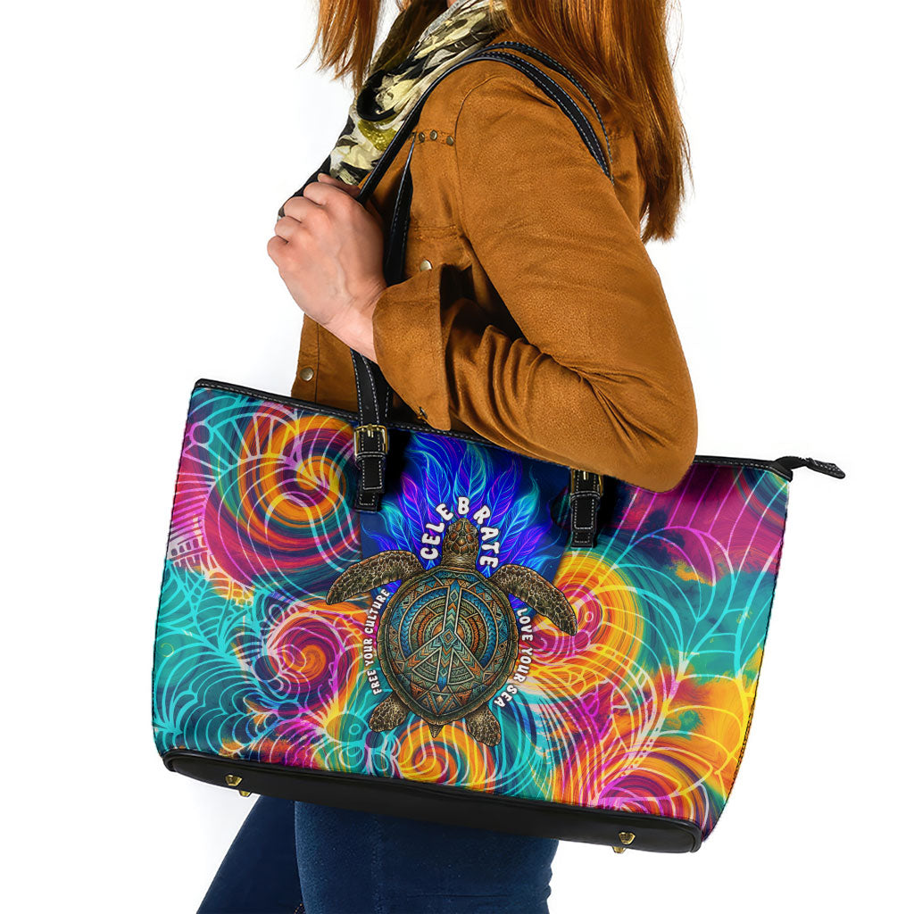 Torres Strait Islanders Sea Turtle Leather Tote Bag Indigenous Tribal Peace Art Cultural Headdress Motif