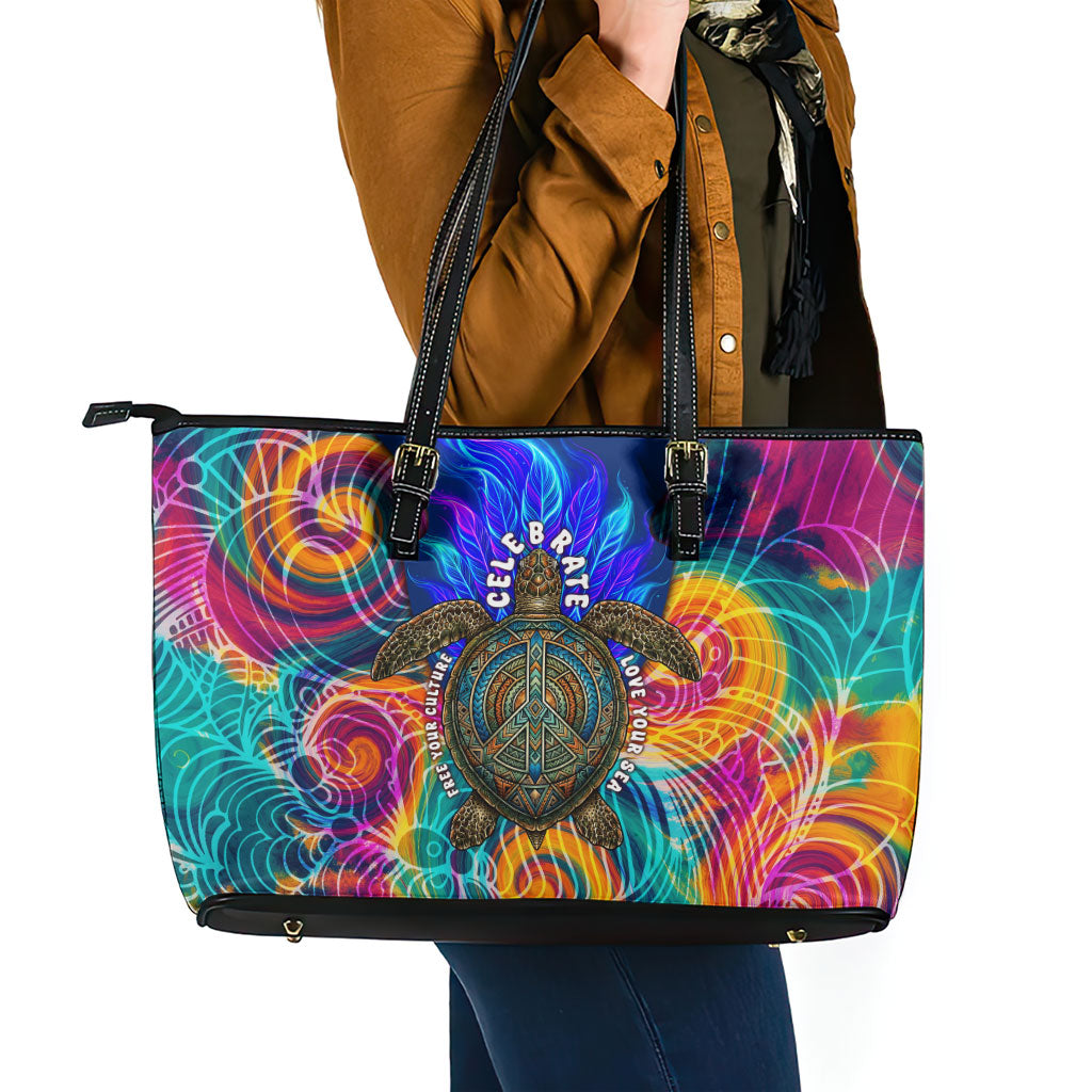 Torres Strait Islanders Sea Turtle Leather Tote Bag Indigenous Tribal Peace Art Cultural Headdress Motif