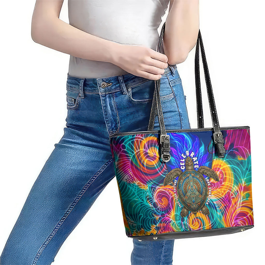 Torres Strait Islanders Sea Turtle Leather Tote Bag Indigenous Tribal Peace Art Cultural Headdress Motif