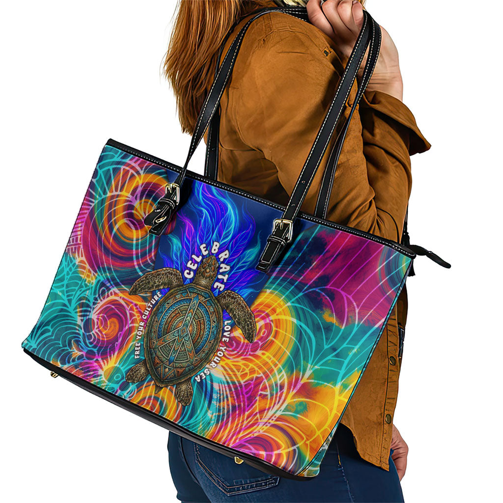 Torres Strait Islanders Sea Turtle Leather Tote Bag Indigenous Tribal Peace Art Cultural Headdress Motif