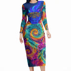 Torres Strait Islanders Sea Turtle Long Sleeve Bodycon Dress Indigenous Tribal Peace Art Cultural Headdress Motif