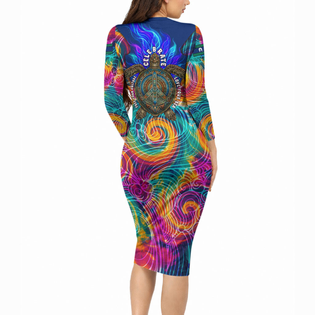 Torres Strait Islanders Sea Turtle Long Sleeve Bodycon Dress Indigenous Tribal Peace Art Cultural Headdress Motif