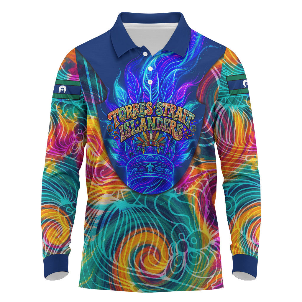 Torres Strait Islanders Sea Turtle Long Sleeve Polo Shirt Indigenous Tribal Peace Art Cultural Headdress Motif