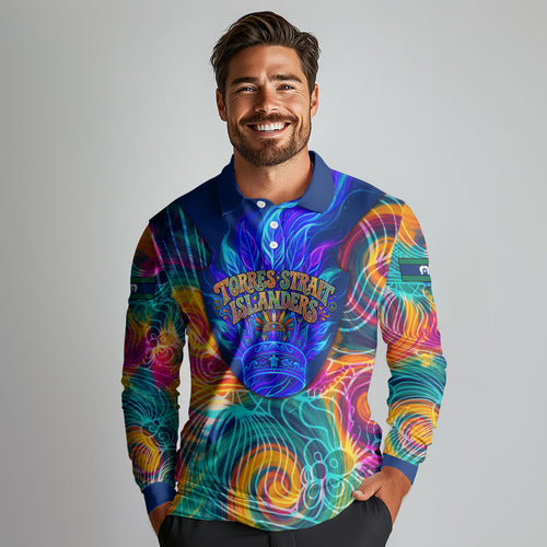 Torres Strait Islanders Sea Turtle Long Sleeve Polo Shirt Indigenous Tribal Peace Art Cultural Headdress Motif