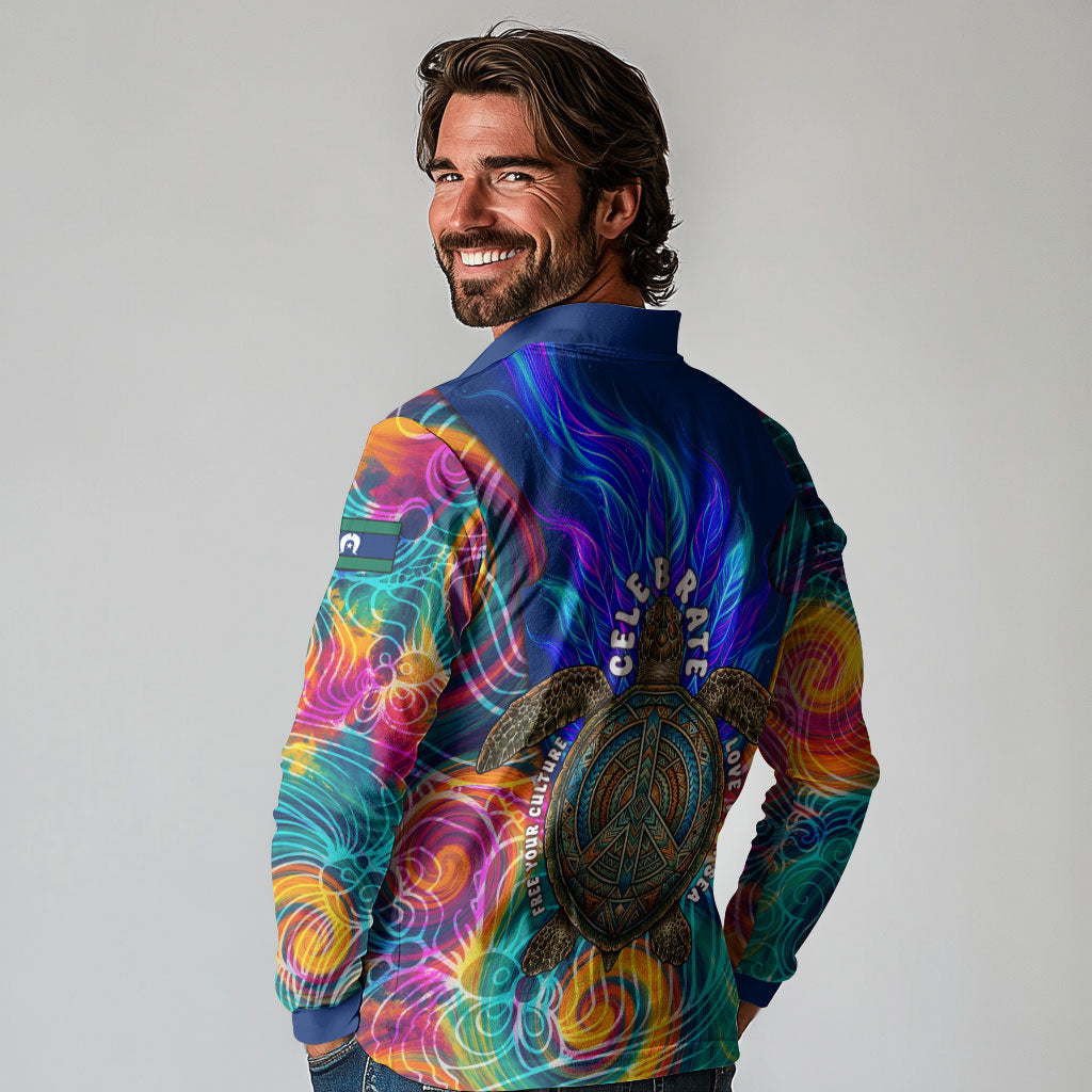 Torres Strait Islanders Sea Turtle Long Sleeve Polo Shirt Indigenous Tribal Peace Art Cultural Headdress Motif