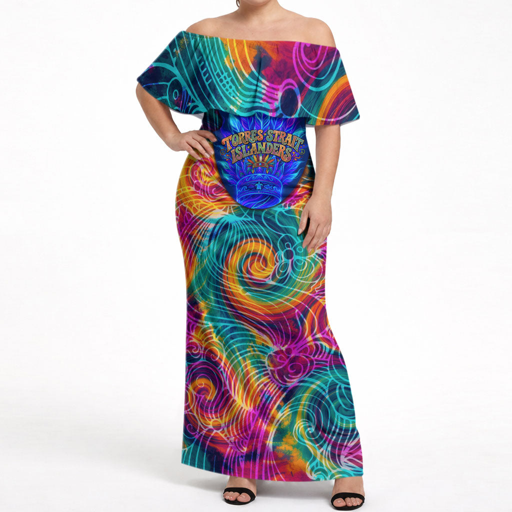Torres Strait Islanders Sea Turtle Off Shoulder Maxi Dress Indigenous Tribal Peace Art Cultural Headdress Motif