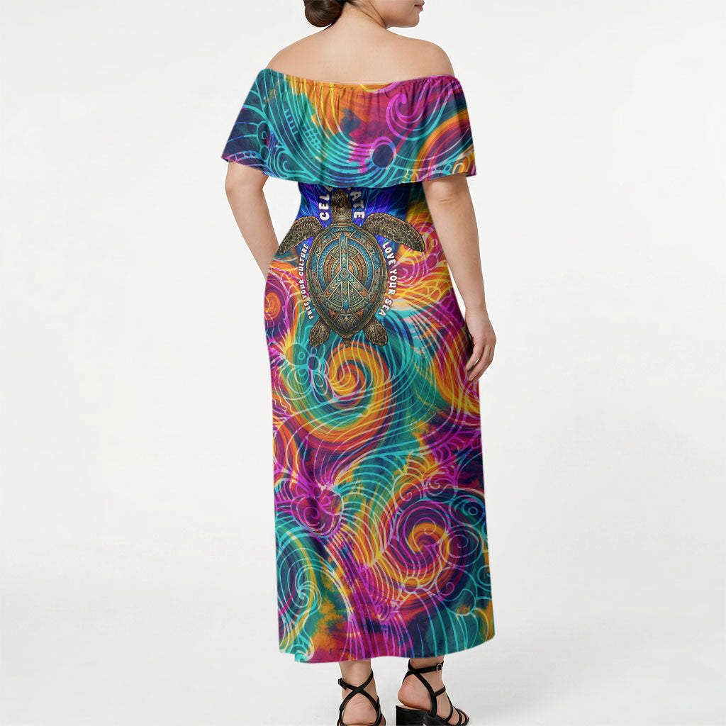 Torres Strait Islanders Sea Turtle Off Shoulder Maxi Dress Indigenous Tribal Peace Art Cultural Headdress Motif