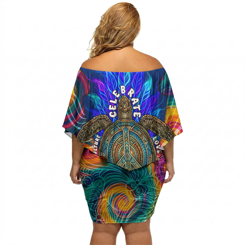 Torres Strait Islanders Sea Turtle Off Shoulder Short Dress Indigenous Tribal Peace Art Cultural Headdress Motif