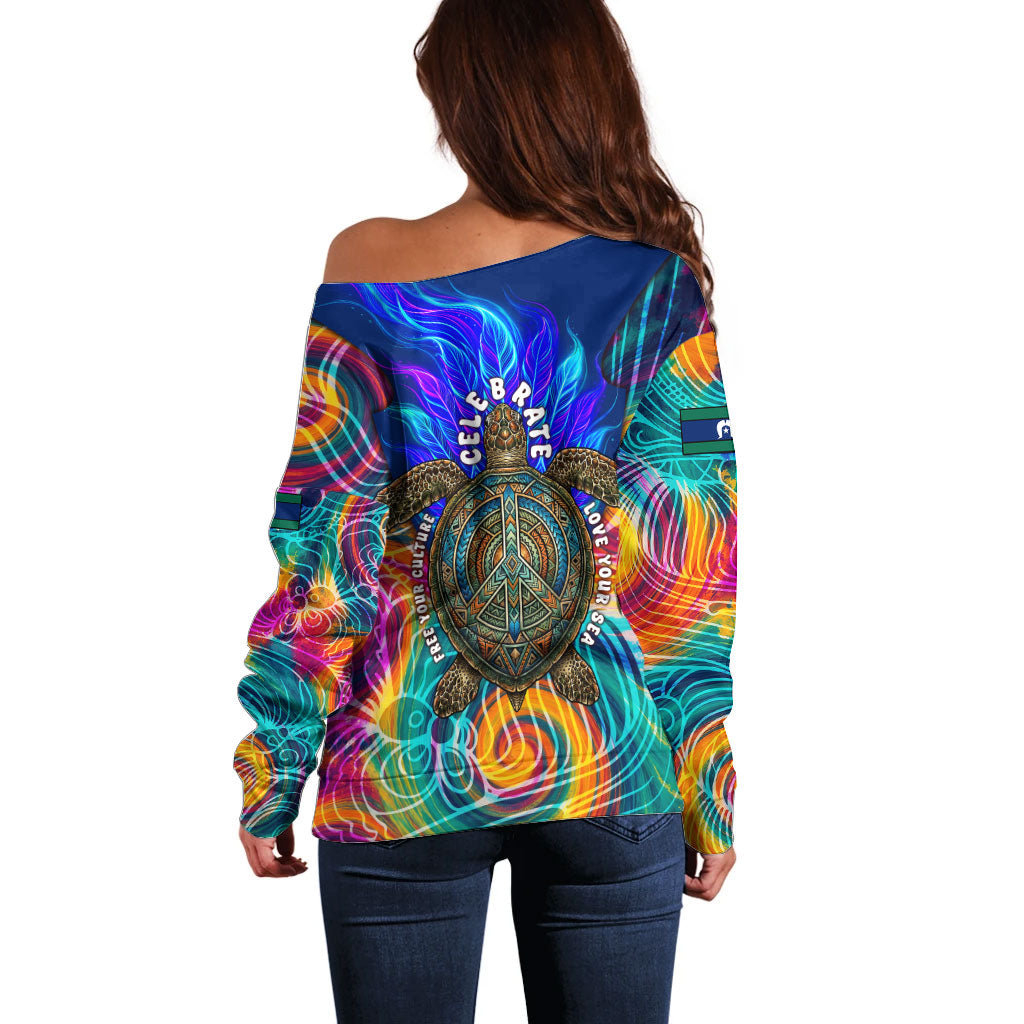 Torres Strait Islanders Sea Turtle Off Shoulder Sweater Indigenous Tribal Peace Art Cultural Headdress Motif