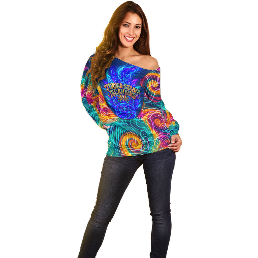 Torres Strait Islanders Sea Turtle Off Shoulder Sweater Indigenous Tribal Peace Art Cultural Headdress Motif
