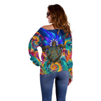 Torres Strait Islanders Sea Turtle Off Shoulder Sweater Indigenous Tribal Peace Art Cultural Headdress Motif