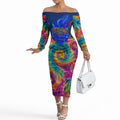 Torres Strait Islanders Sea Turtle Off The Shoulder Long Sleeve Dress Indigenous Tribal Peace Art Cultural Headdress Motif