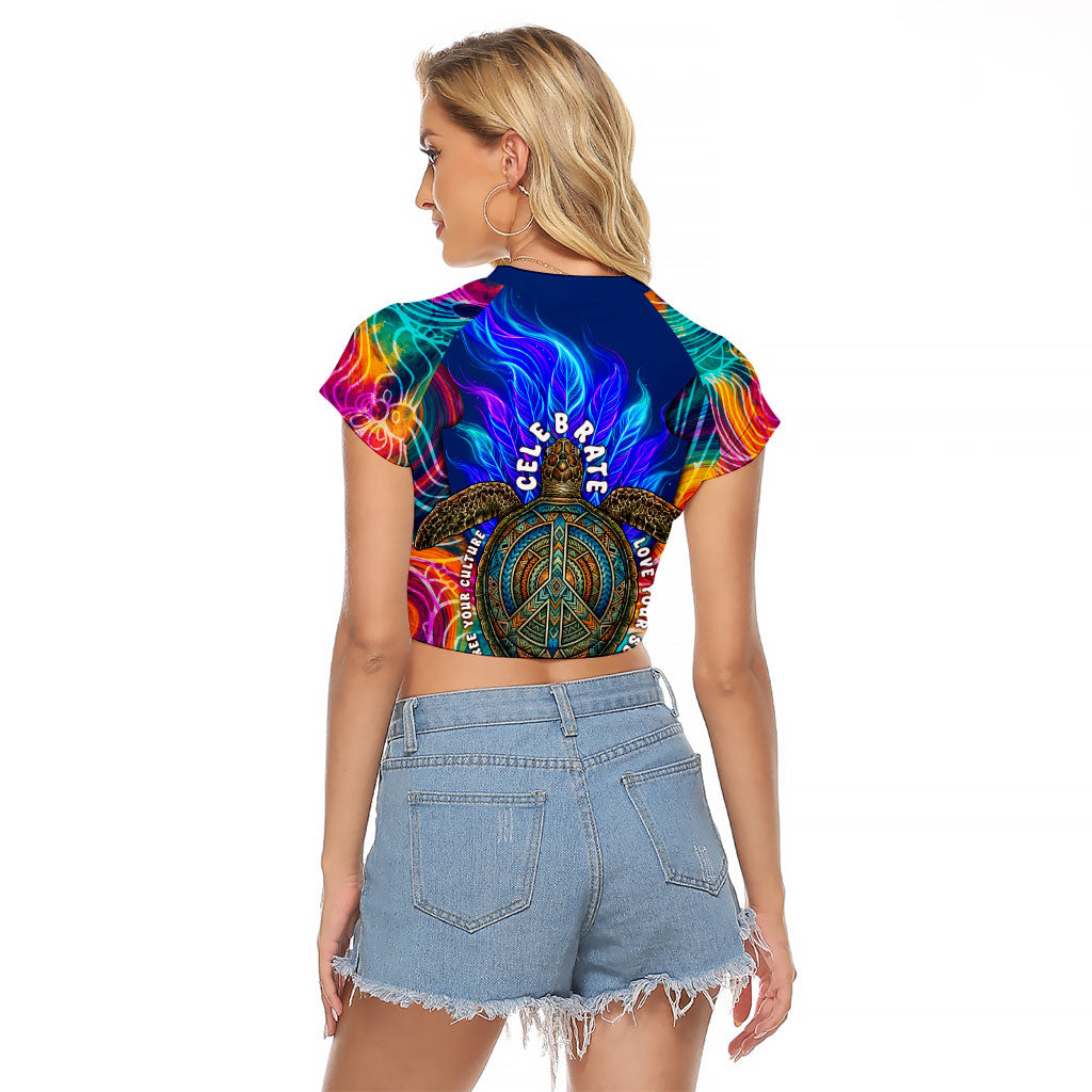 Torres Strait Islanders Sea Turtle Raglan Cropped T Shirt Indigenous Tribal Peace Art Cultural Headdress Motif