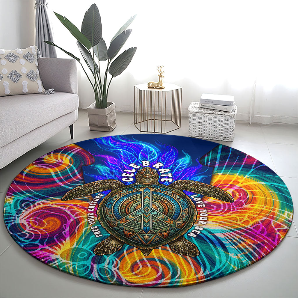 Torres Strait Islanders Sea Turtle Round Carpet Indigenous Tribal Peace Art Cultural Headdress Motif