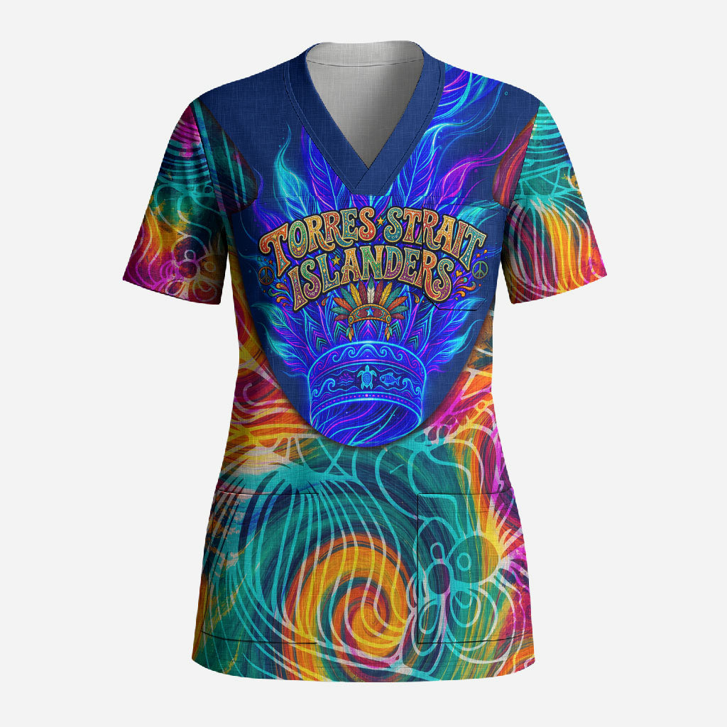 Torres Strait Islanders Sea Turtle Scrub Top Indigenous Tribal Peace Art Cultural Headdress Motif