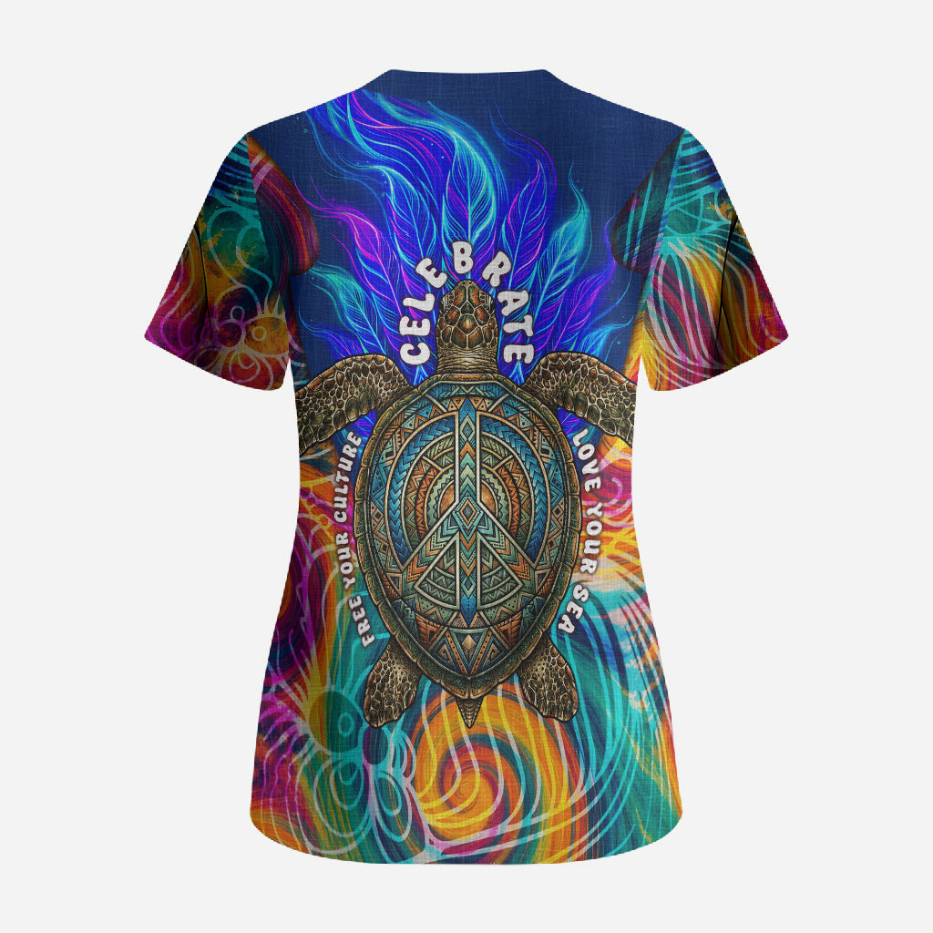 Torres Strait Islanders Sea Turtle Scrub Top Indigenous Tribal Peace Art Cultural Headdress Motif