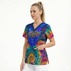 Torres Strait Islanders Sea Turtle Scrub Top Indigenous Tribal Peace Art Cultural Headdress Motif