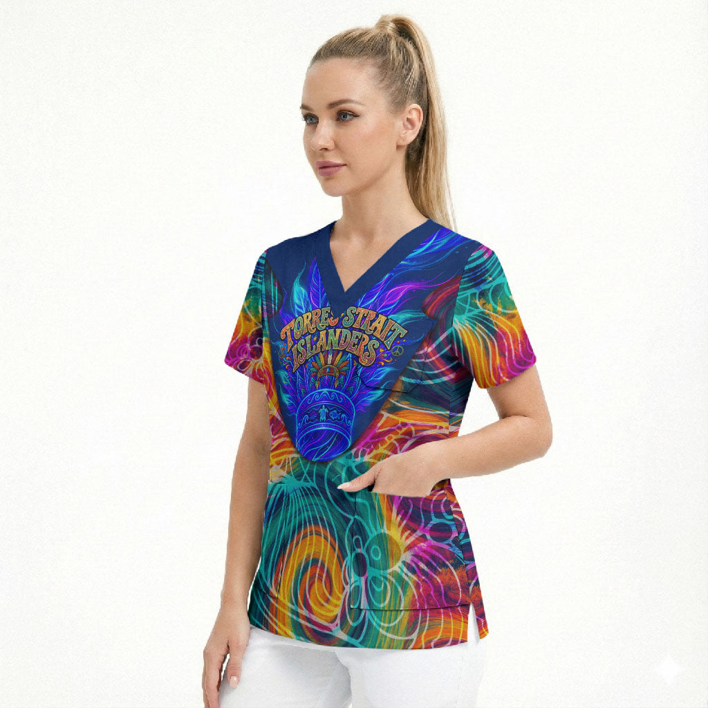 Torres Strait Islanders Sea Turtle Scrub Top Indigenous Tribal Peace Art Cultural Headdress Motif