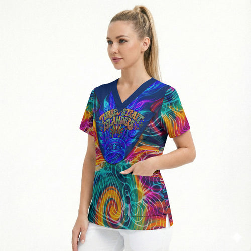 Torres Strait Islanders Sea Turtle Scrub Top Indigenous Tribal Peace Art Cultural Headdress Motif