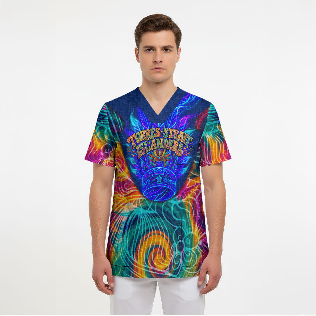 Torres Strait Islanders Sea Turtle Scrub Top Indigenous Tribal Peace Art Cultural Headdress Motif