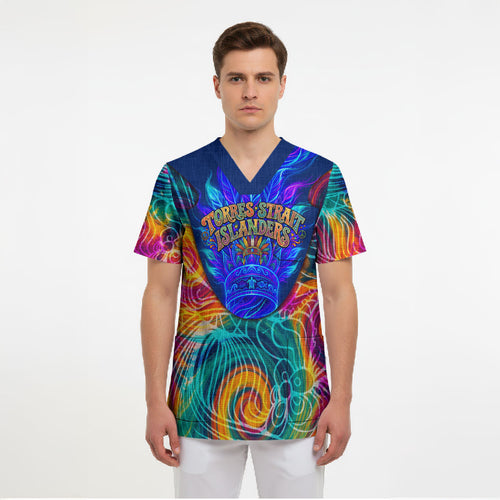 Torres Strait Islanders Sea Turtle Scrub Top Indigenous Tribal Peace Art Cultural Headdress Motif