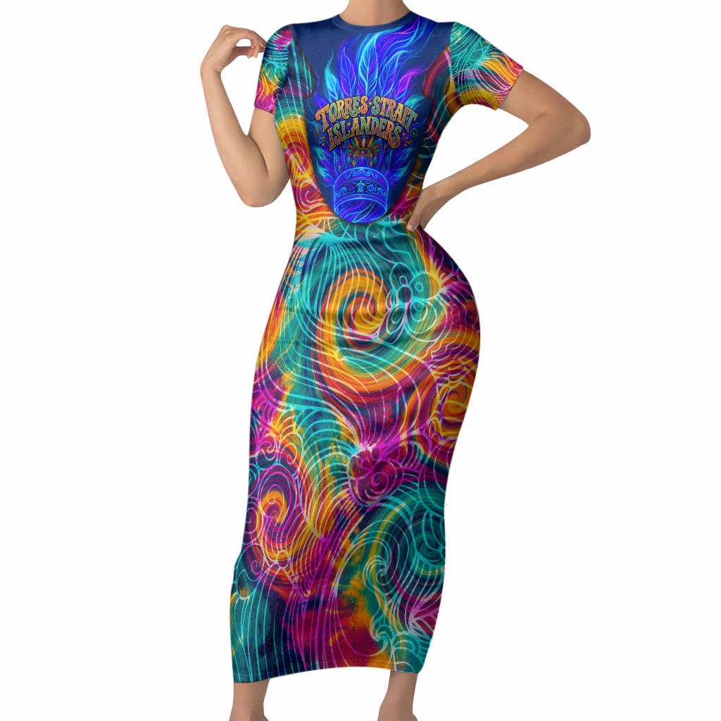 Torres Strait Islanders Sea Turtle Short Sleeve Bodycon Dress Indigenous Tribal Peace Art Cultural Headdress Motif