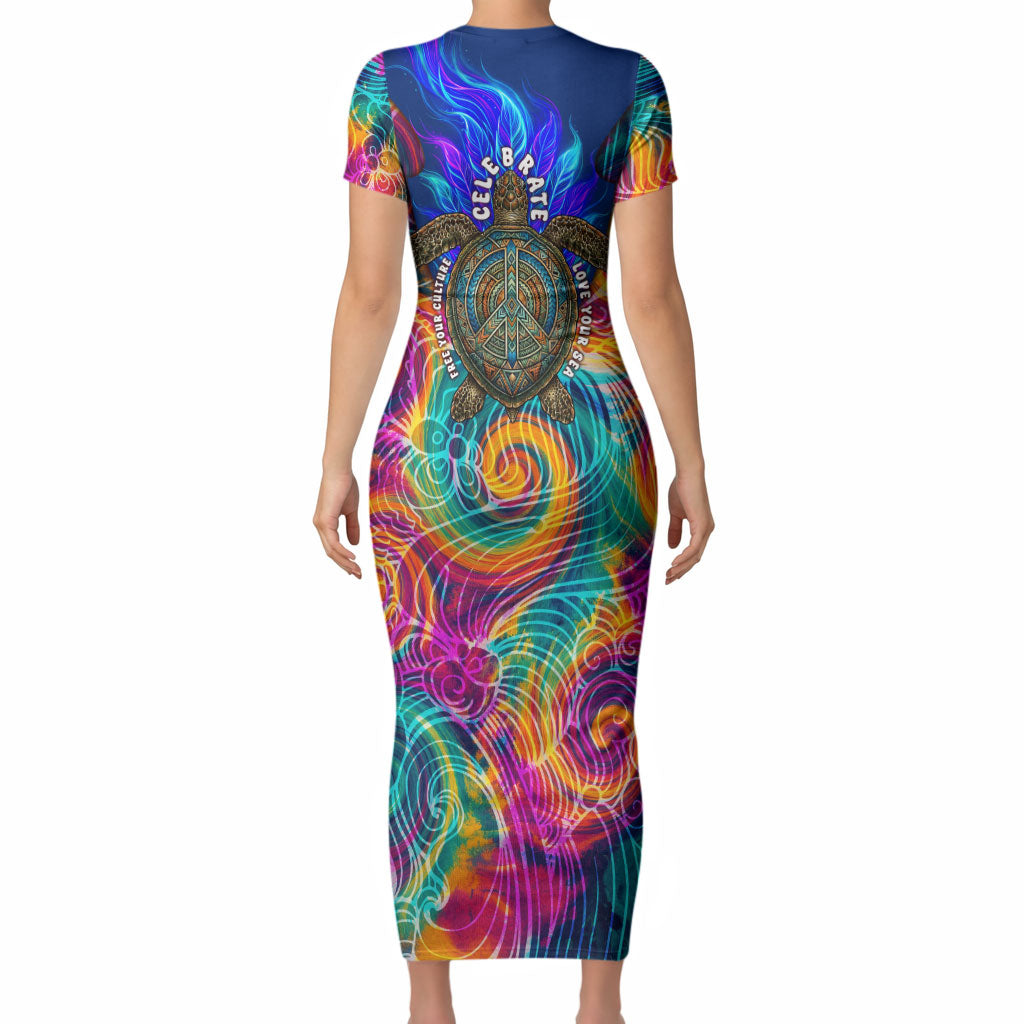 Torres Strait Islanders Sea Turtle Short Sleeve Bodycon Dress Indigenous Tribal Peace Art Cultural Headdress Motif