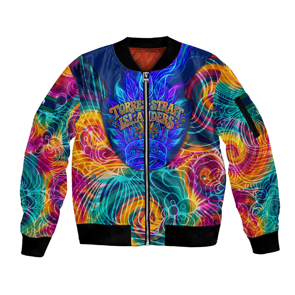 Torres Strait Islanders Sea Turtle Sleeve Zip Bomber Jacket Indigenous Tribal Peace Art Cultural Headdress Motif