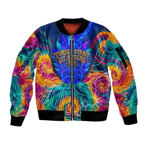 Torres Strait Islanders Sea Turtle Sleeve Zip Bomber Jacket Indigenous Tribal Peace Art Cultural Headdress Motif
