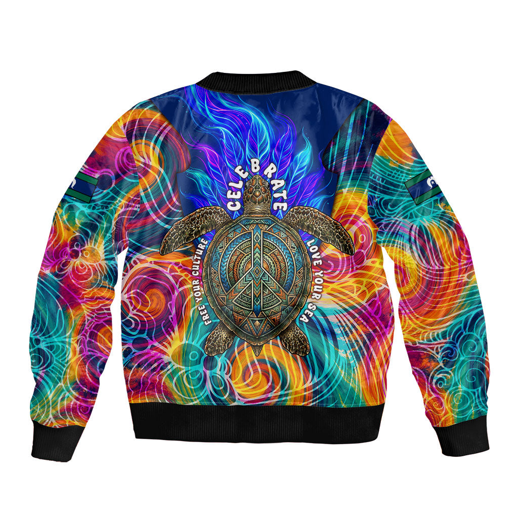 Torres Strait Islanders Sea Turtle Sleeve Zip Bomber Jacket Indigenous Tribal Peace Art Cultural Headdress Motif