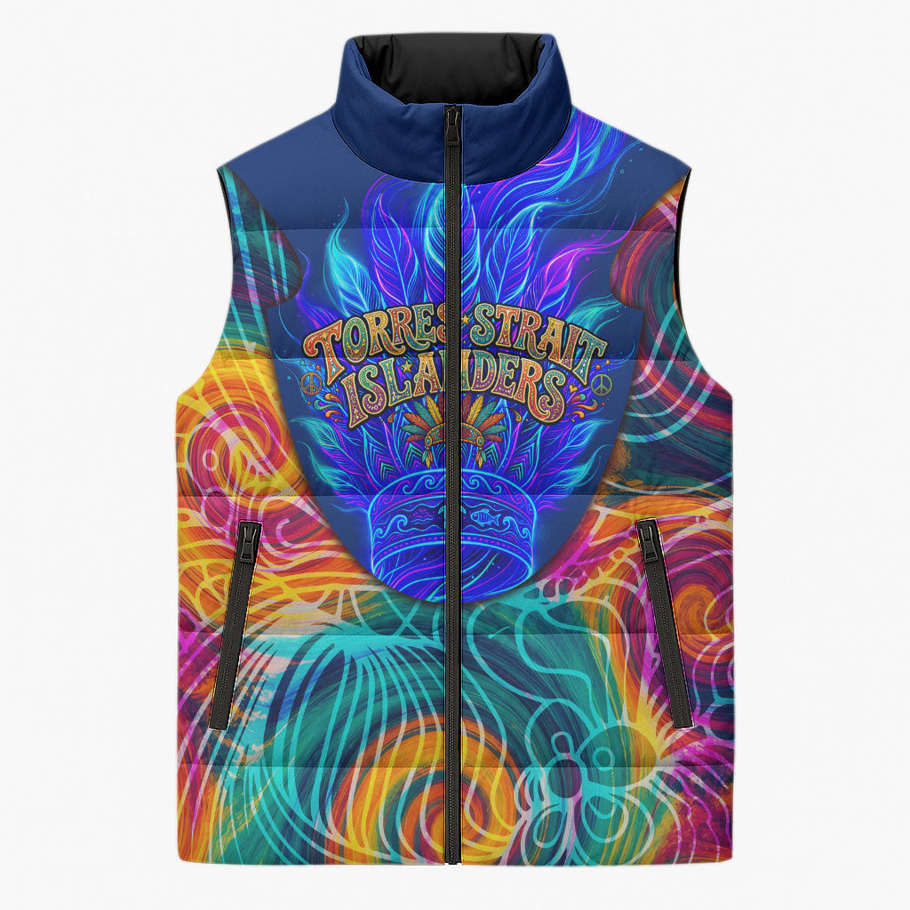 Torres Strait Islanders Sea Turtle Sleeveless Puffer Jacket Indigenous Tribal Peace Art Cultural Headdress Motif