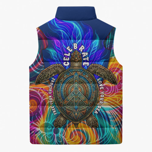 Torres Strait Islanders Sea Turtle Sleeveless Puffer Jacket Indigenous Tribal Peace Art Cultural Headdress Motif