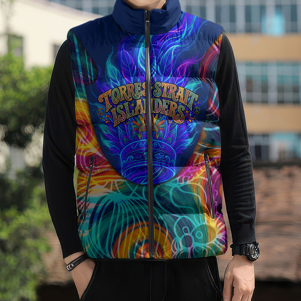 Torres Strait Islanders Sea Turtle Sleeveless Puffer Jacket Indigenous Tribal Peace Art Cultural Headdress Motif