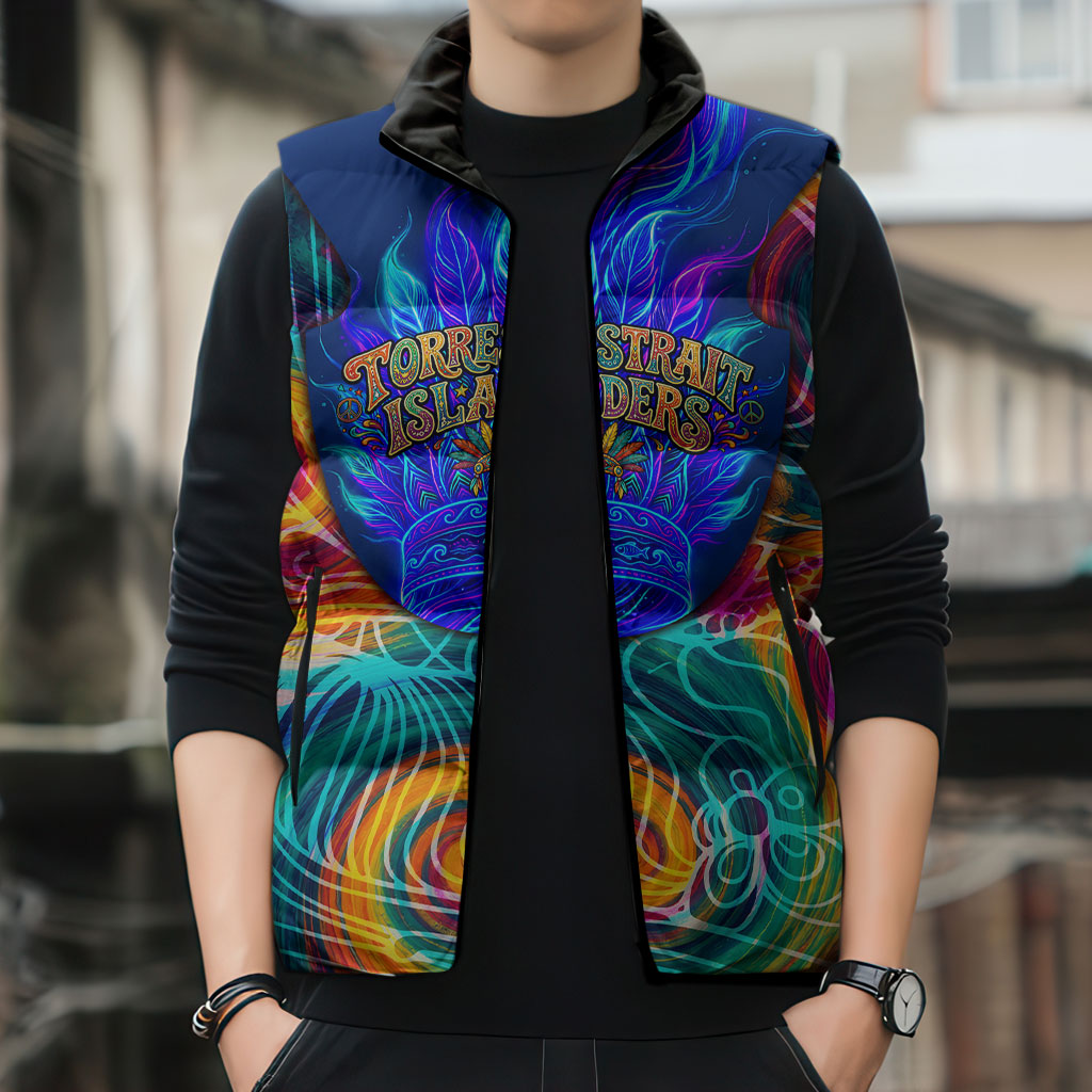 Torres Strait Islanders Sea Turtle Sleeveless Puffer Jacket Indigenous Tribal Peace Art Cultural Headdress Motif