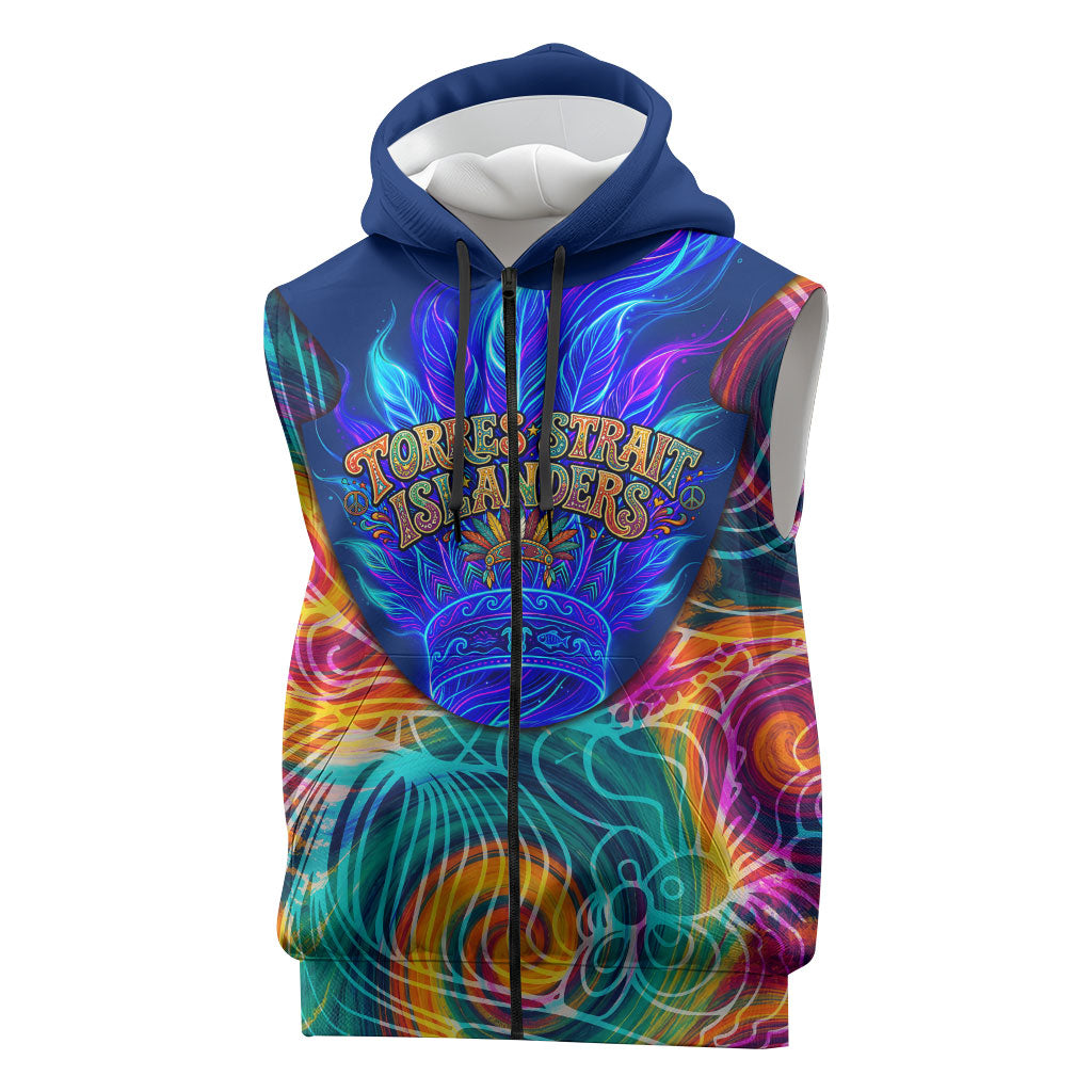 Torres Strait Islanders Sea Turtle Sleeveless Zip Hoodie Indigenous Tribal Peace Art Cultural Headdress Motif