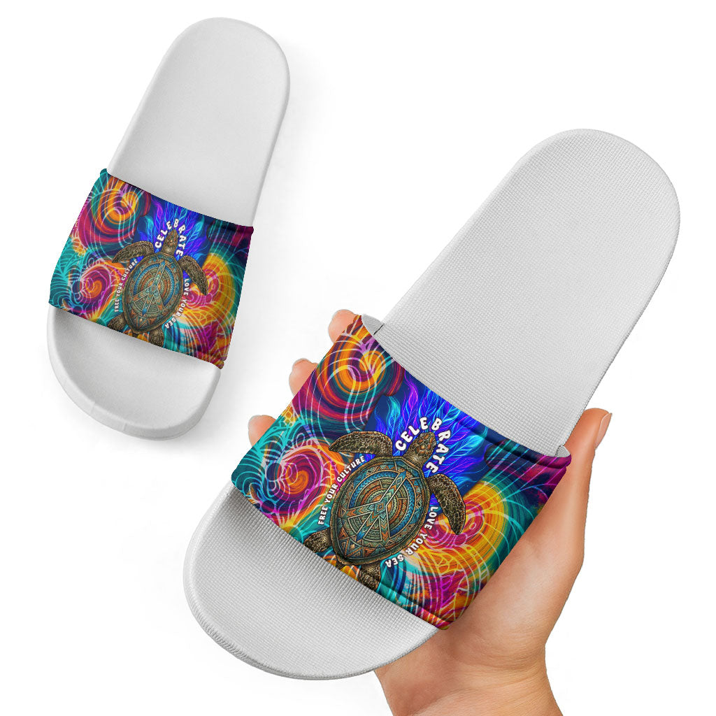 Torres Strait Islanders Sea Turtle Slide Sandals Indigenous Tribal Peace Art Cultural Headdress Motif