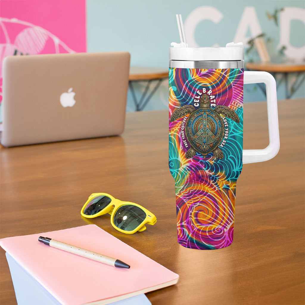 Torres Strait Islanders Sea Turtle Tumbler With Handle Indigenous Tribal Peace Art Cultural Headdress Motif