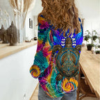 Torres Strait Islanders Sea Turtle Women Casual Shirt Indigenous Tribal Peace Art Cultural Headdress Motif