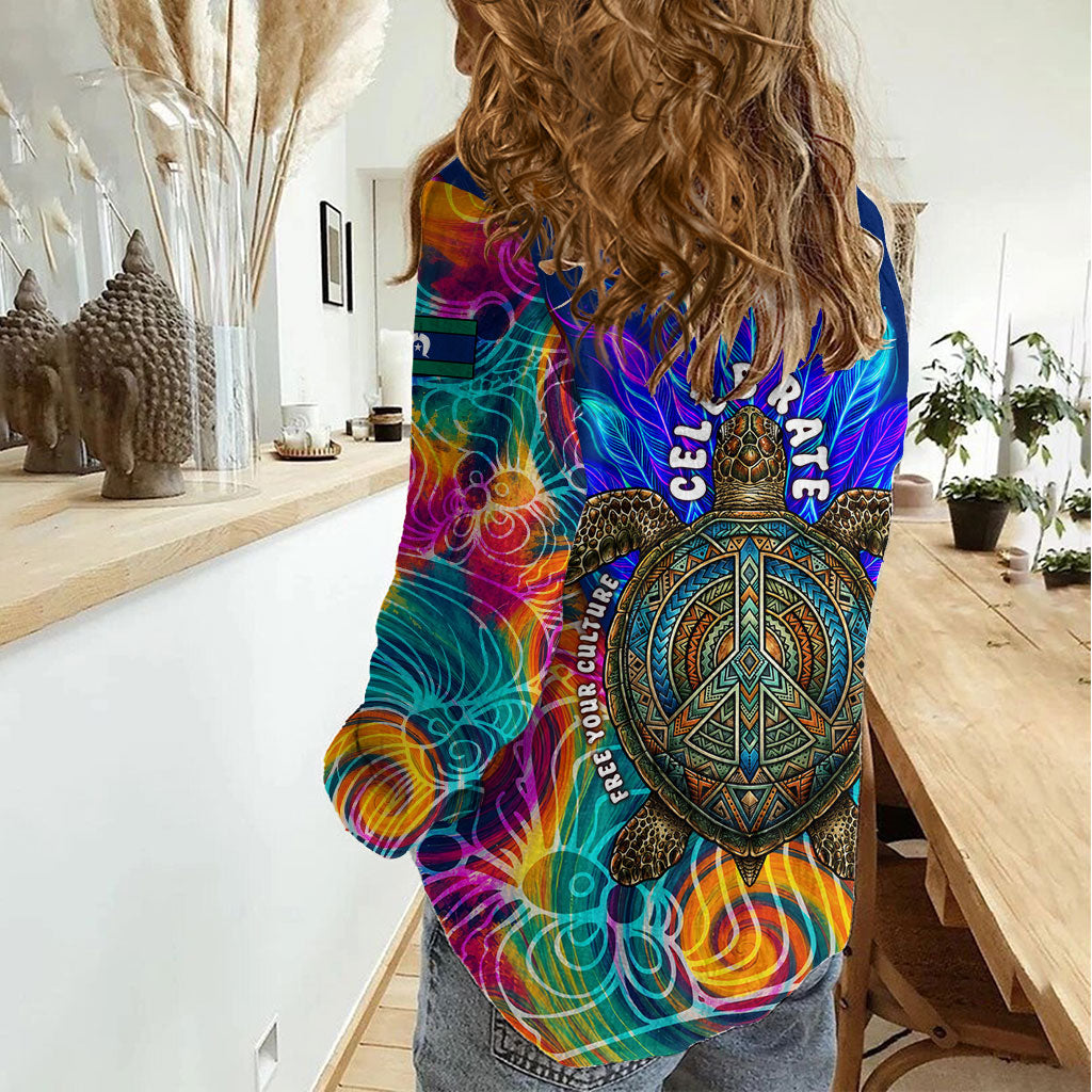 Torres Strait Islanders Sea Turtle Women Casual Shirt Indigenous Tribal Peace Art Cultural Headdress Motif