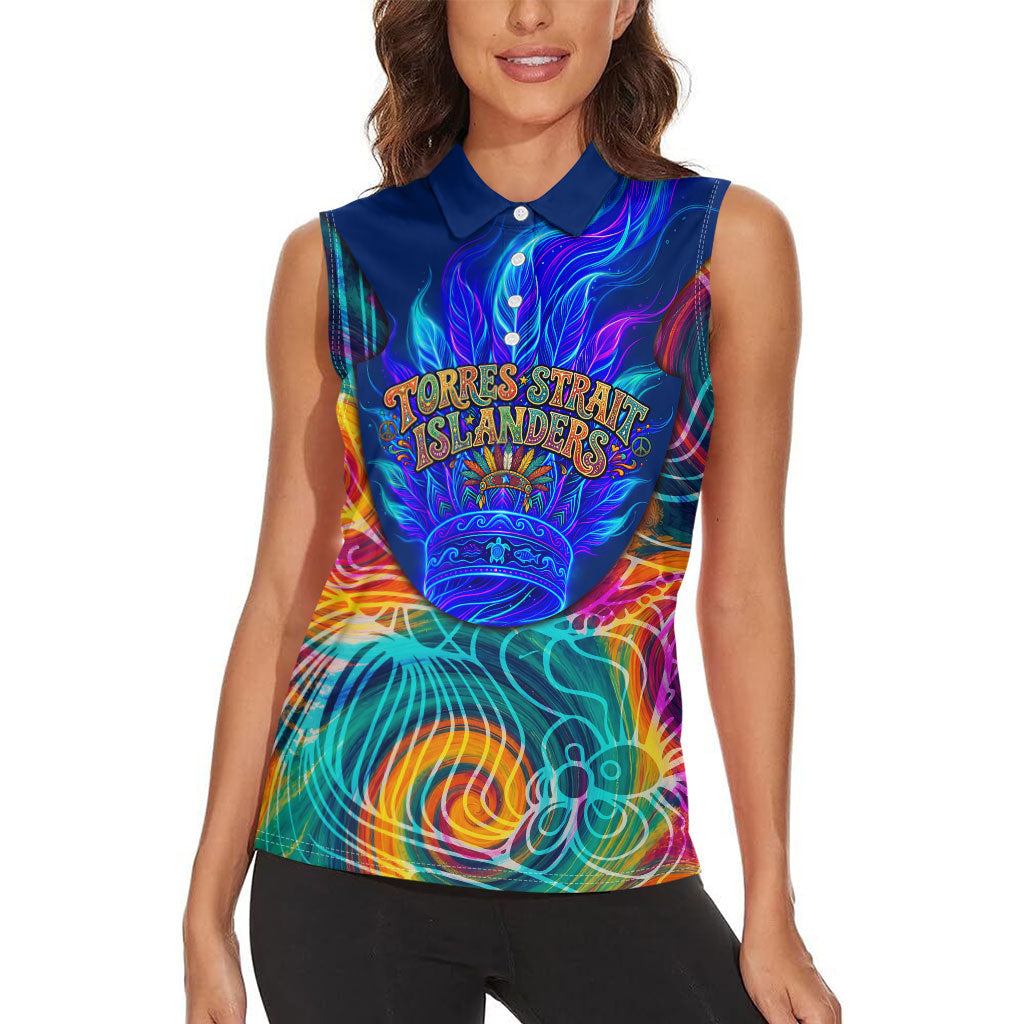 Torres Strait Islanders Sea Turtle Women Sleeveless Polo Shirt Indigenous Tribal Peace Art Cultural Headdress Motif